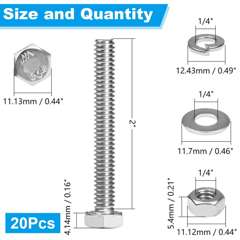 Yinpecly 20 Sets 1/4-20 x 2 Hex Head Screw Bolt, Nuts, Flat & Lock Washers, Stainless Steel 304, Machine Fully Thread Hex Bolts, Bright Finish Hexagon Bolt, Nuts and Bolts Assortment Kit - Image 2